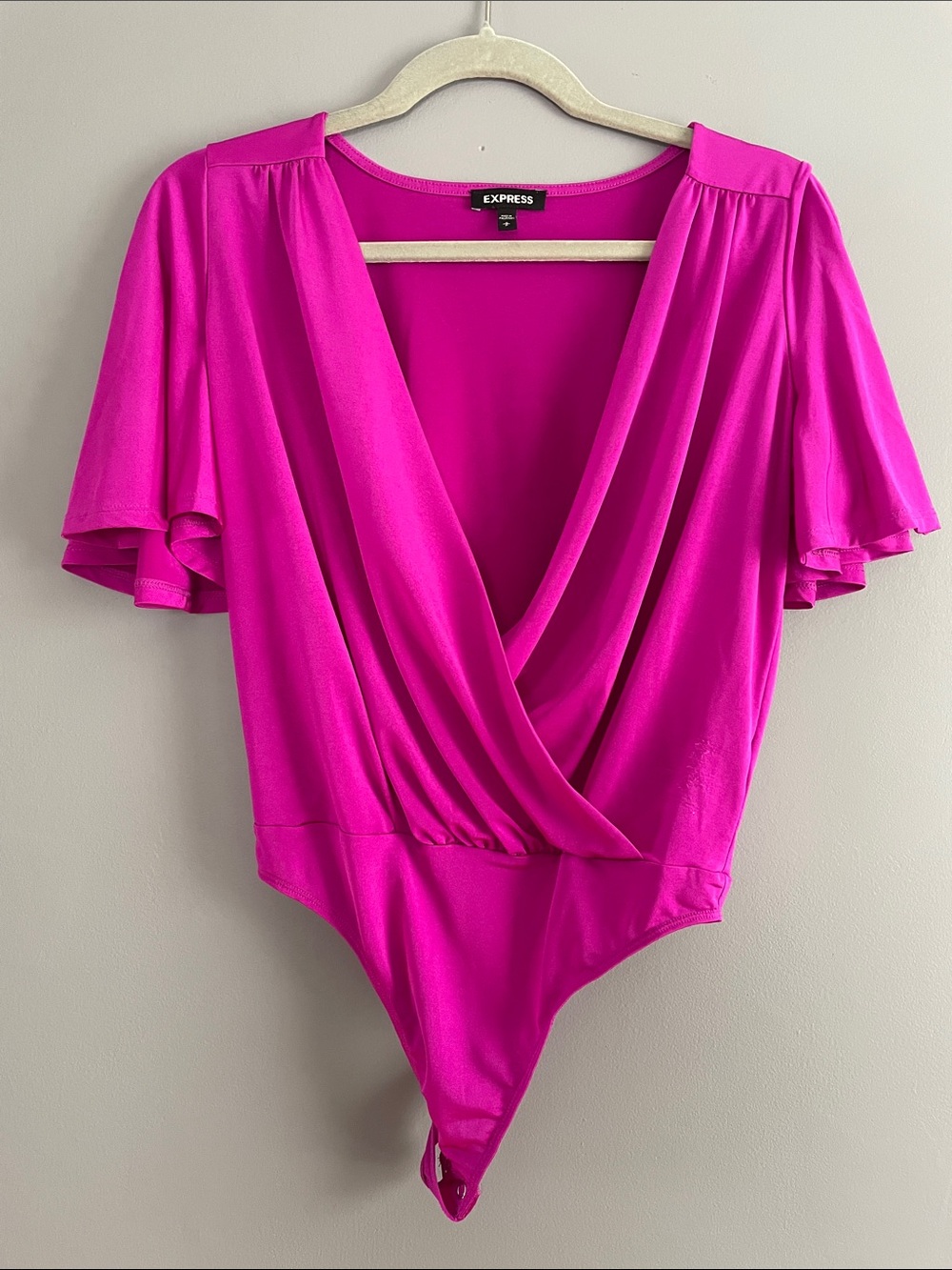 Express Fuchsia Wrap-Front Flutter-Sleeve Bodysuit